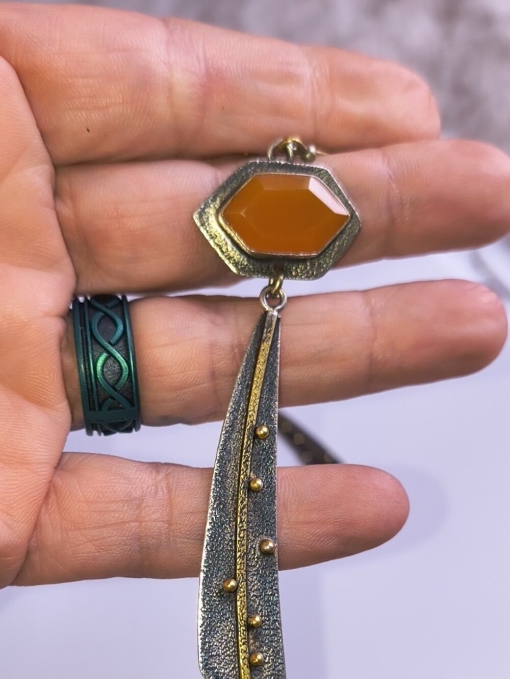 Artisan Orange Aventurine Hexagon Drop Earrings with Mixed Metal Accents Boho - Picture 5 of 8
